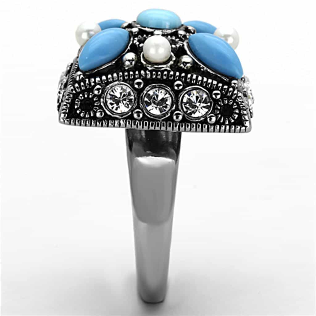 Stainless Steel Turquoise Marquise Pearl CZ Antiqued Ring view 8
