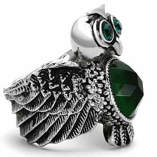 Stainless Steel Green Crystal Owl Statement Ring view 4