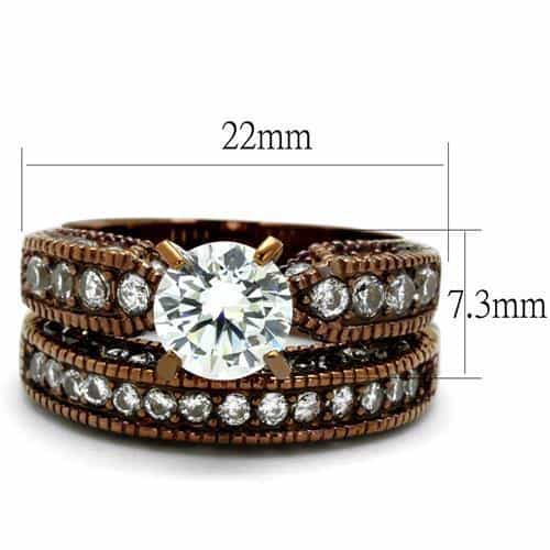 Stainless Steel Coffee Brown CZ Round Solitaire Pave Bridal Ring view 2