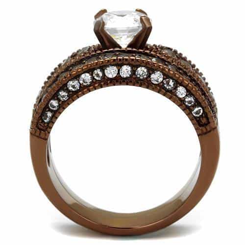 Stainless Steel Coffee Brown CZ Round Solitaire Pave Bridal Ring view 8