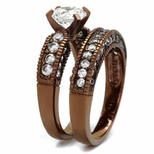 Stainless Steel Coffee Brown CZ Round Solitaire Pave Bridal Ring view 9