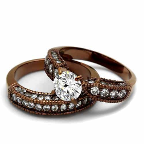 Stainless Steel Coffee Brown CZ Round Solitaire Pave Bridal Ring view 10