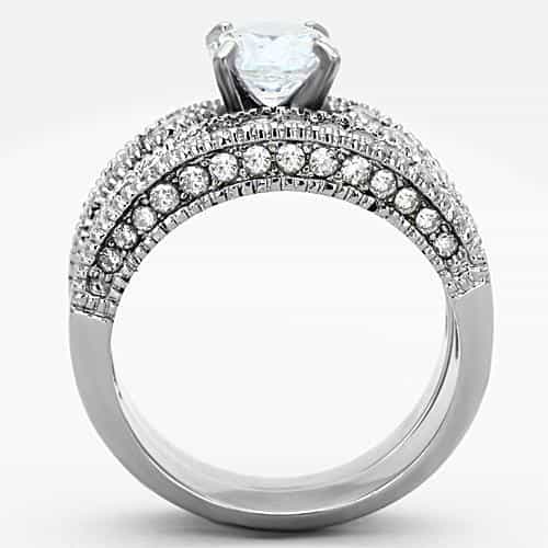 Stainless Steel CZ Round Solitaire Wide Pave Bridal Set Ring view 7