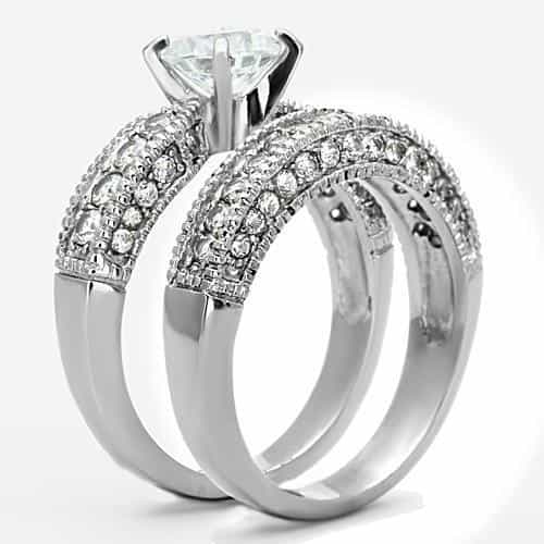 Stainless Steel CZ Round Solitaire Wide Pave Bridal Set Ring view 8