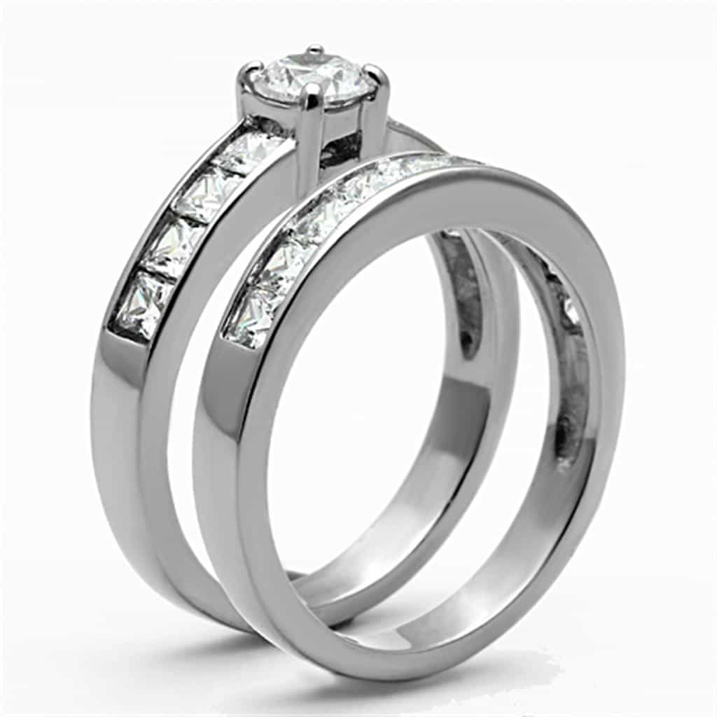 Stainless Steel CZ Round Solitaire Channel Bridal Set Ring view 8