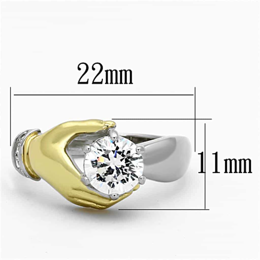 Stainless Steel Two Tone Gold CZ Solitaire Claddagh Hands Ring view 6