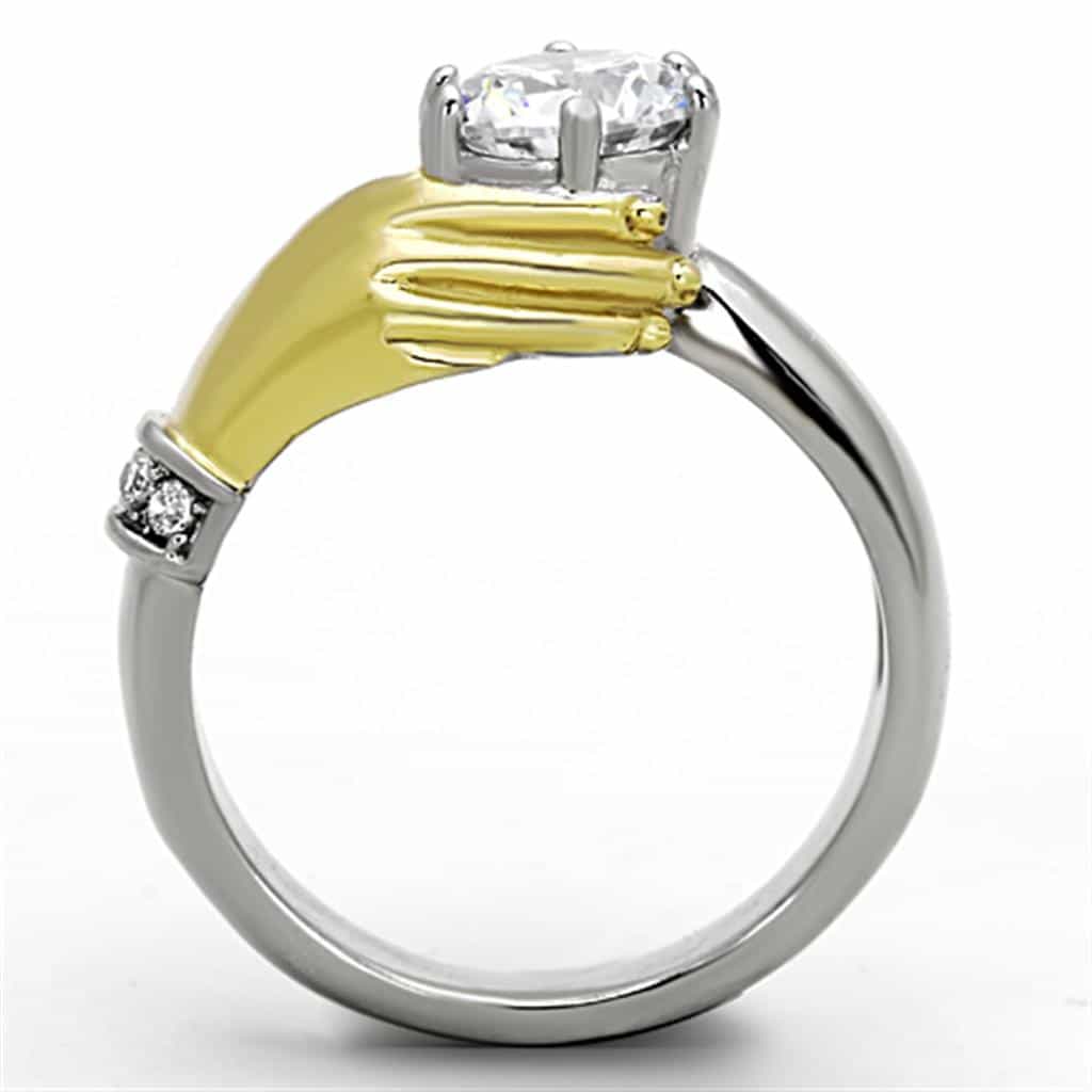 Stainless Steel Two Tone Gold CZ Solitaire Claddagh Hands Ring view 3