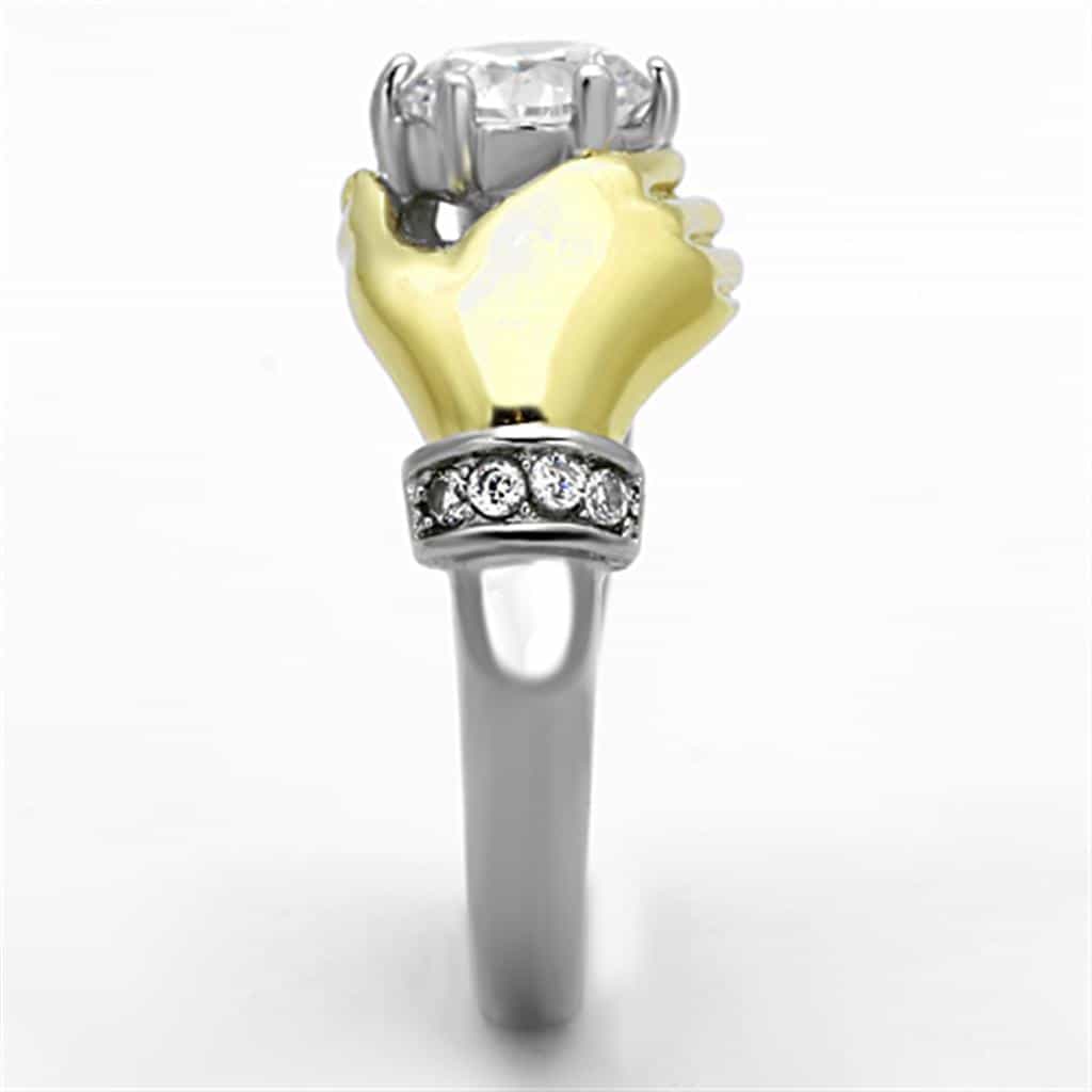 Stainless Steel Two Tone Gold CZ Solitaire Claddagh Hands Ring view 4