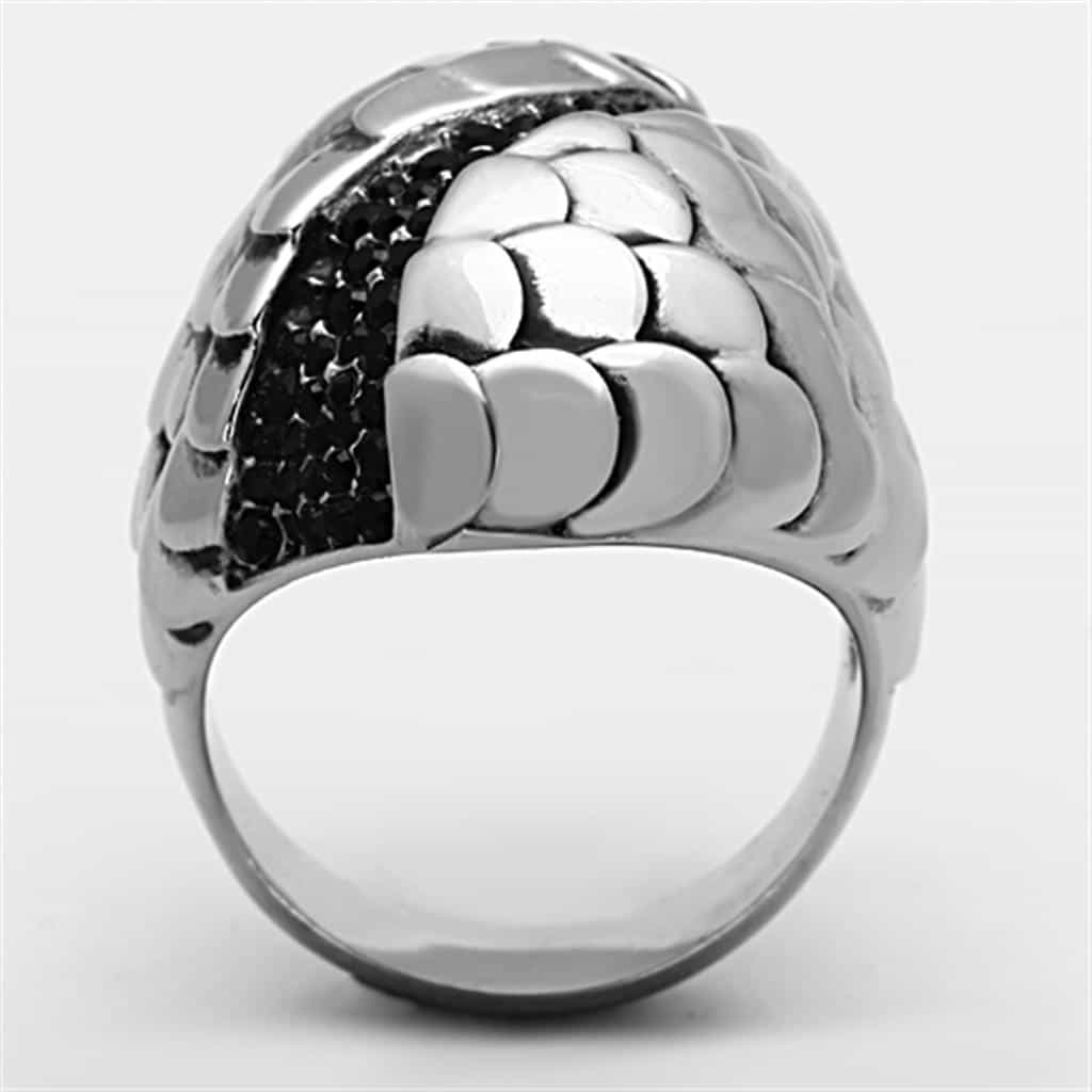 Stainless Steel Black CZ Scale Pave Angel Wing Dome Ring view 7