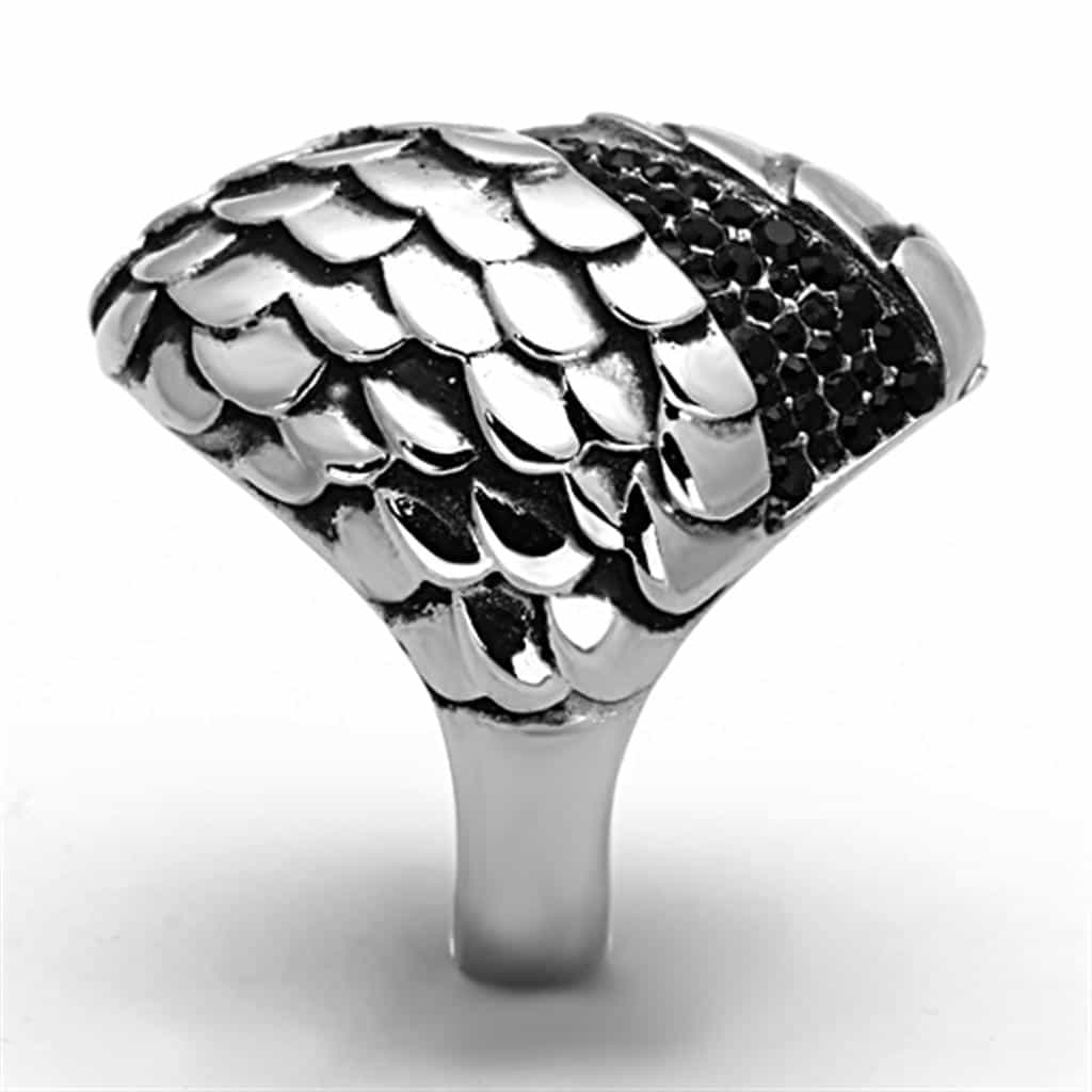 Stainless Steel Black CZ Scale Pave Angel Wing Dome Ring view 8