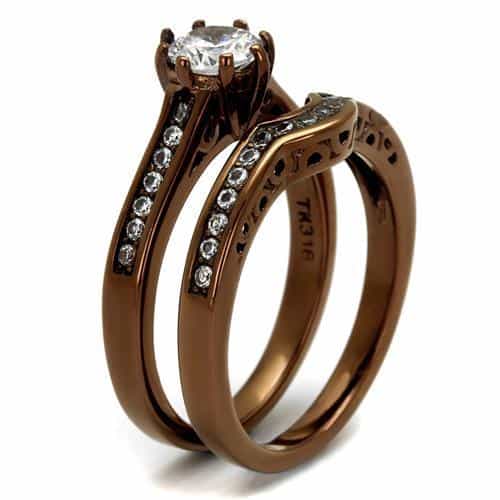 Stainless Steel Coffee Brown CZ Round Solitaire Channel Ring view 4