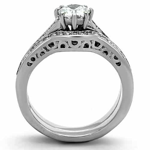 Stainless Steel CZ Round Solitaire Filigree Pave Bridal Set Ring view 7