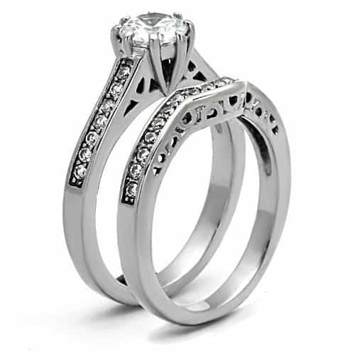 Stainless Steel CZ Round Solitaire Filigree Pave Bridal Set Ring view 4