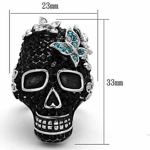 Stainless Steel Black Crystal Pave Skull Flower Crown Ring view 2