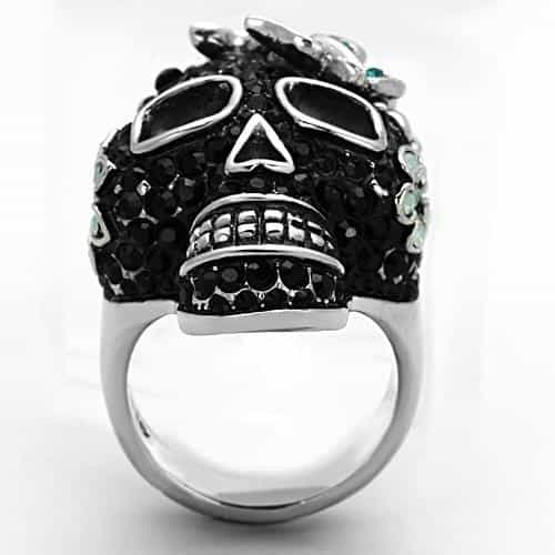 Stainless Steel Black Crystal Pave Skull Flower Crown Ring view 8