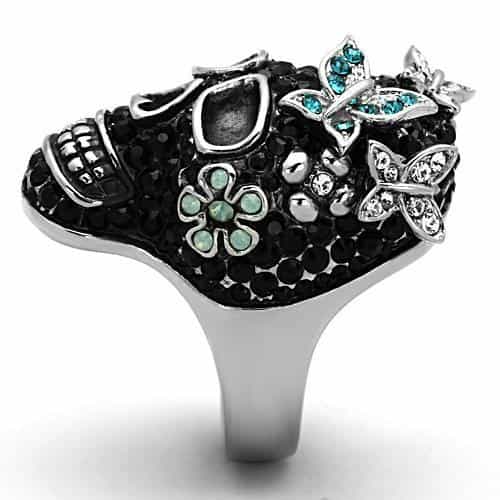 Stainless Steel Black Crystal Pave Skull Flower Crown Ring view 9