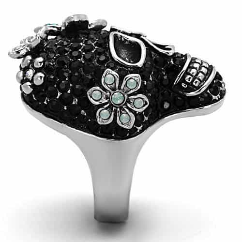 Stainless Steel Black Crystal Pave Skull Flower Crown Ring view 5