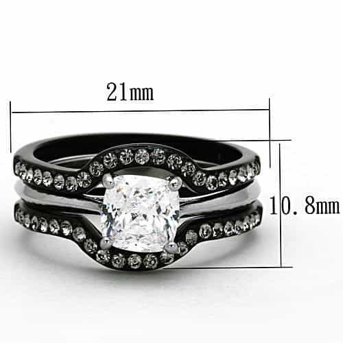 Stainless Steel Dark CZ Cushion Solitaire Pave Bridal Set Ring view 6