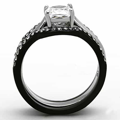 Stainless Steel Dark CZ Cushion Solitaire Pave Bridal Set Ring view 7