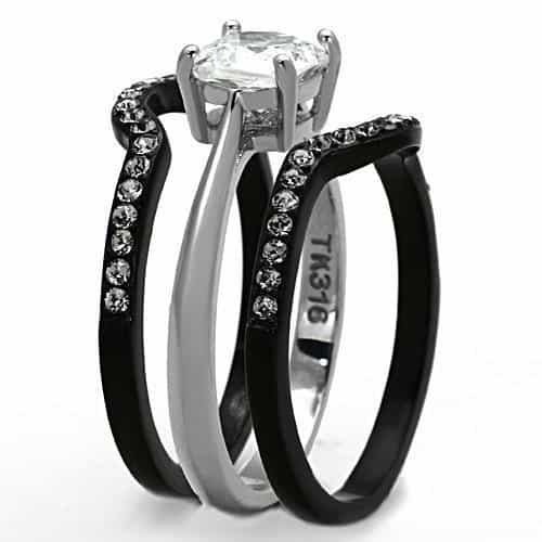 Stainless Steel Dark CZ Cushion Solitaire Pave Bridal Set Ring view 4