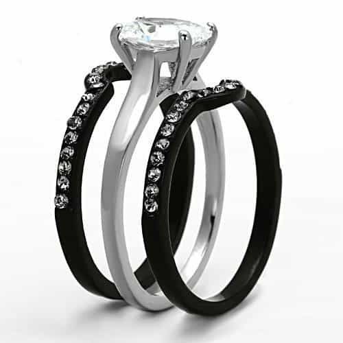 Stainless Steel Dark CZ Oval Solitaire Pave Bridal Set Ring view 4