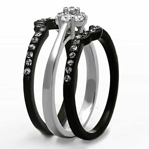 Stainless Steel Dark CZ Round Halo Pave Bridal Set Ring view 8