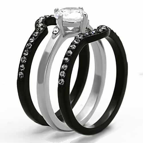 Stainless Steel Dark CZ Round Solitaire Channel Bridal Set Ring view 8