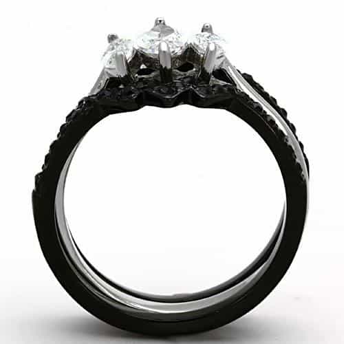 Stainless Steel Dark CZ Marquise Double Solitaire Bridal Set Ring view 3