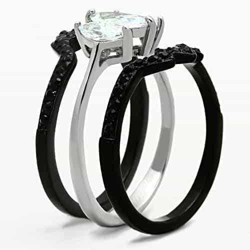 Stainless Steel Dark CZ Marquise Double Solitaire Bridal Set Ring view 4