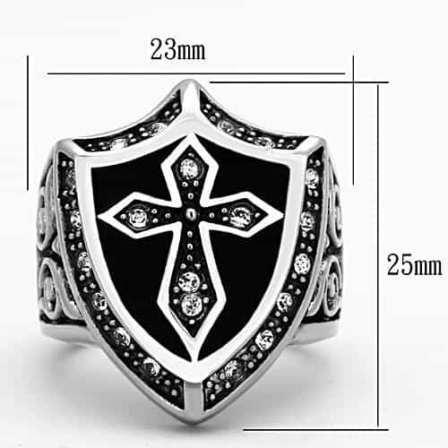 Stainless Steel CZ Cross Shield Mens Signet Ring view 7