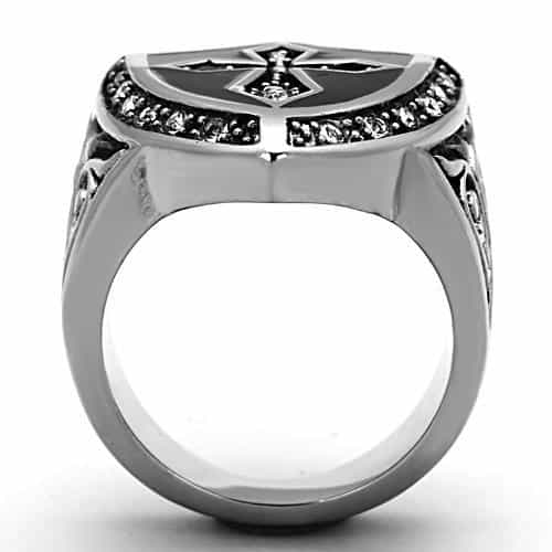 Stainless Steel CZ Cross Shield Mens Signet Ring view 3