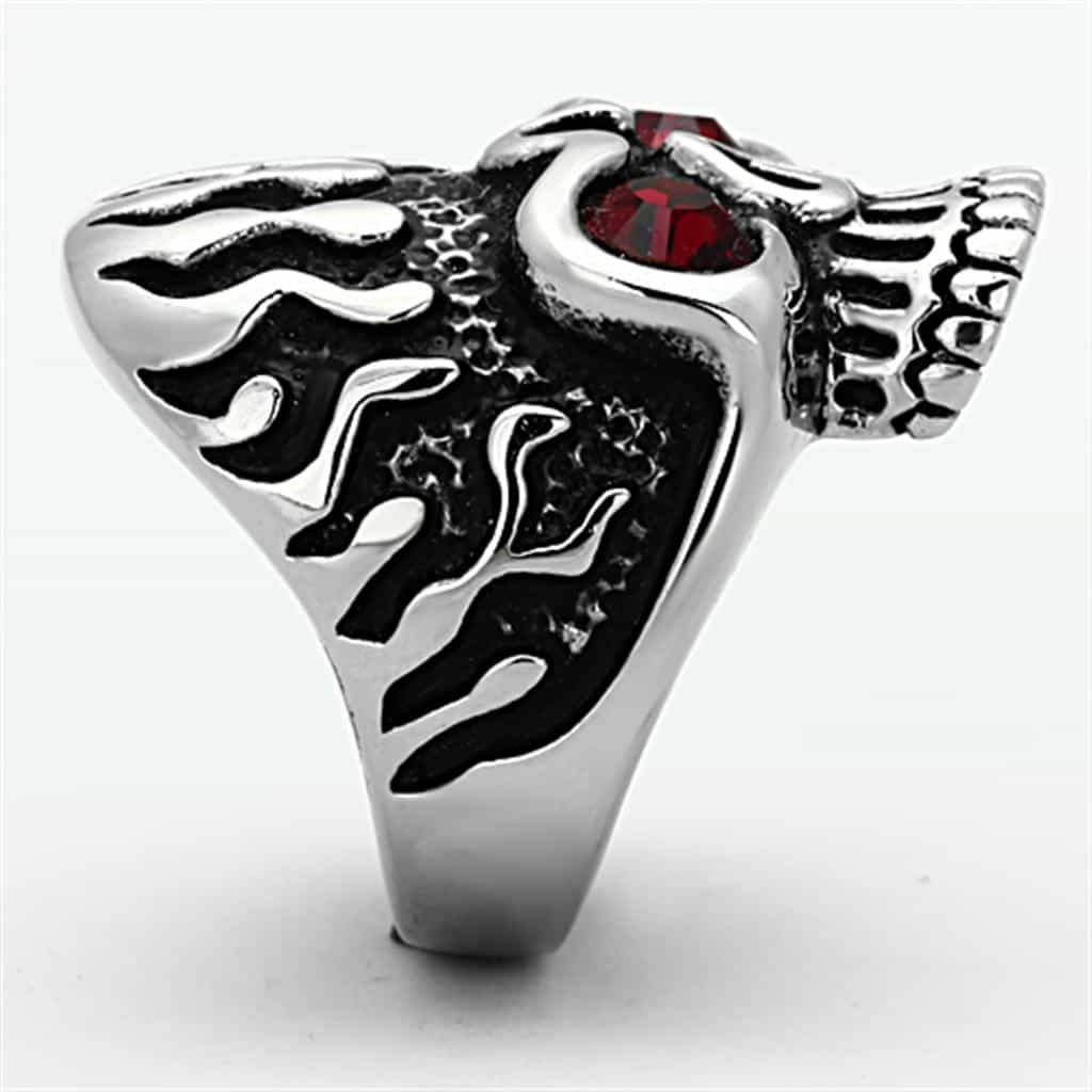Stainless Steel Skull Red CZ Eyes Flame Statement Ring view 4