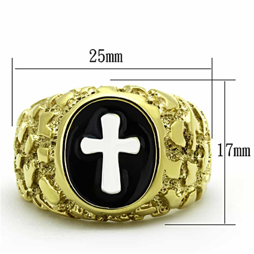 Stainless Steel Gold Black Enamel Cross Nugget Mens Signet Ring view 2