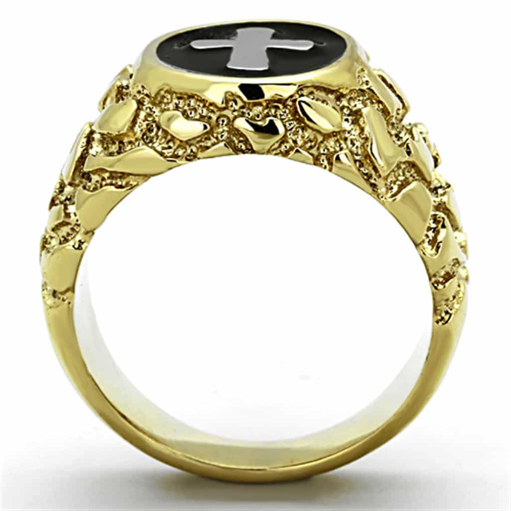 Stainless Steel Gold Black Enamel Cross Nugget Mens Signet Ring view 3