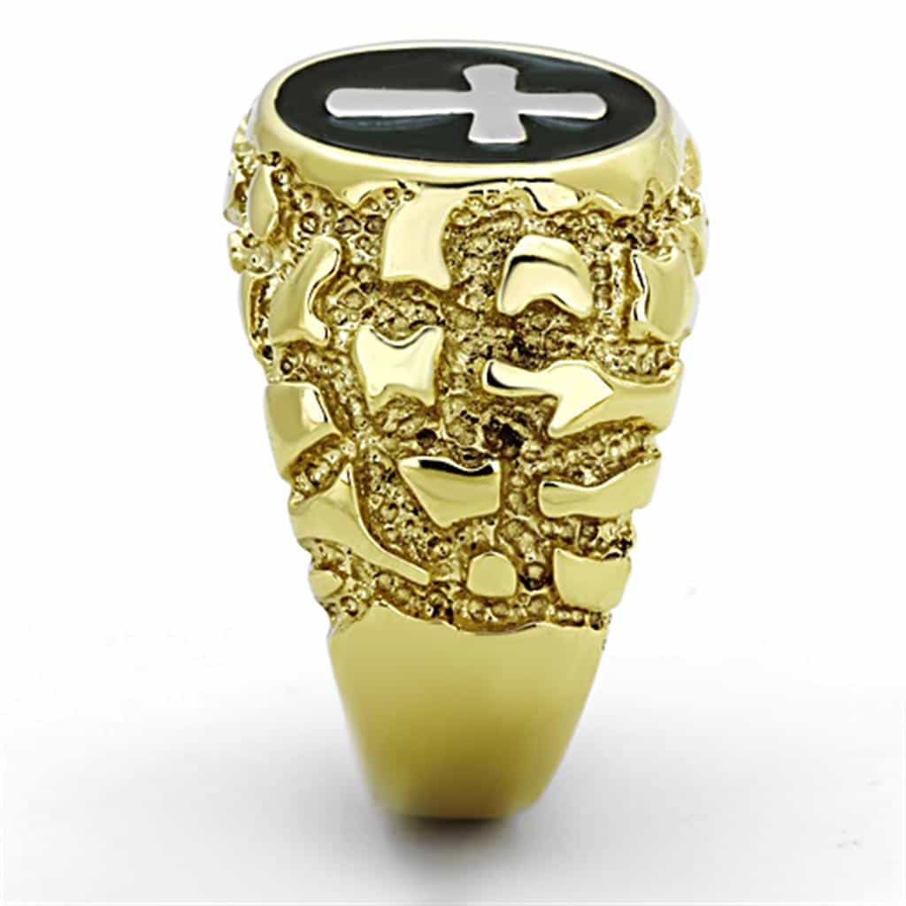 Stainless Steel Gold Black Enamel Cross Nugget Mens Signet Ring view 8