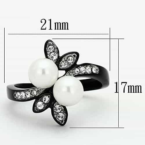 Stainless Steel Black IP Double Pearl CZ Floral Ring view 6
