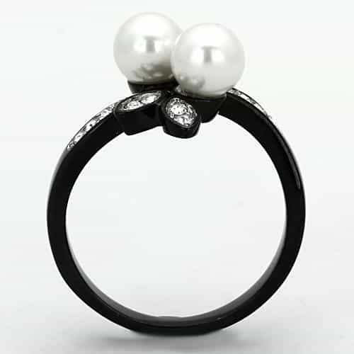 Stainless Steel Black IP Double Pearl CZ Floral Ring view 7