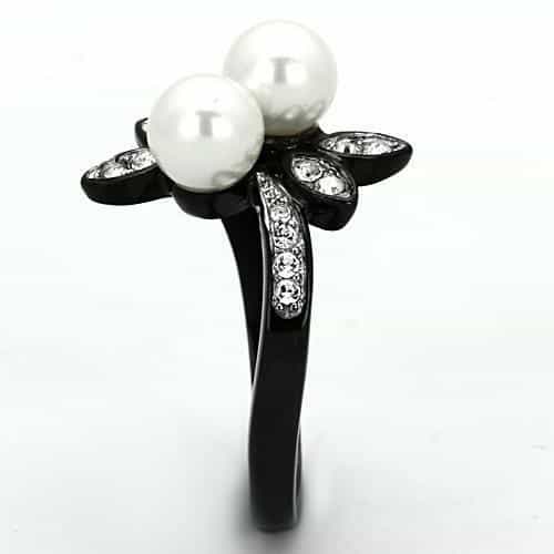 Stainless Steel Black IP Double Pearl CZ Floral Ring view 8