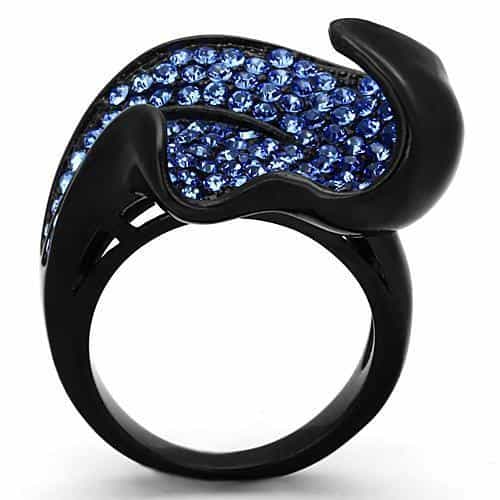 Stainless Steel Black IP Blue Crystal Pave Leaf Dome Ring view 3