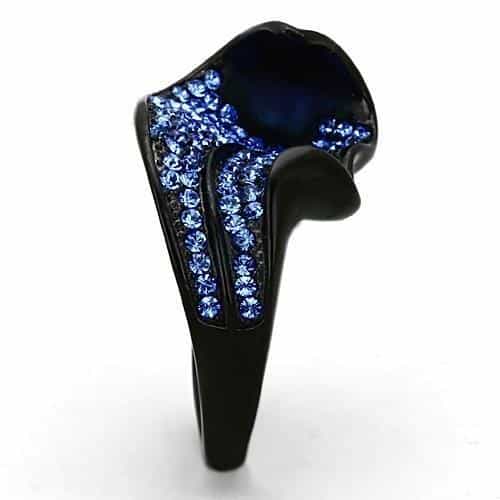 Stainless Steel Black IP Blue Crystal Pave Leaf Dome Ring view 8