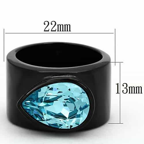 Stainless Steel Black IP Aqua Blue Oval Crystal Solitaire Ring view 6