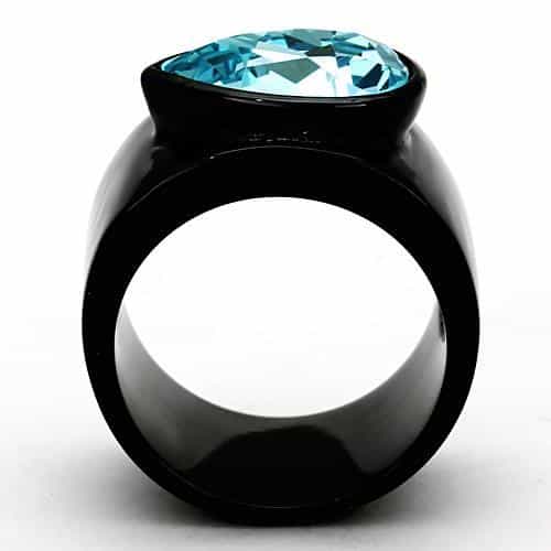 Stainless Steel Black IP Aqua Blue Oval Crystal Solitaire Ring view 3