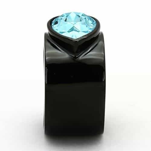 Stainless Steel Black IP Aqua Blue Oval Crystal Solitaire Ring view 4