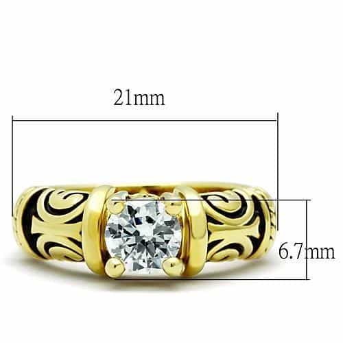 Stainless Steel Gold CZ Round Solitaire Scroll Ring view 6