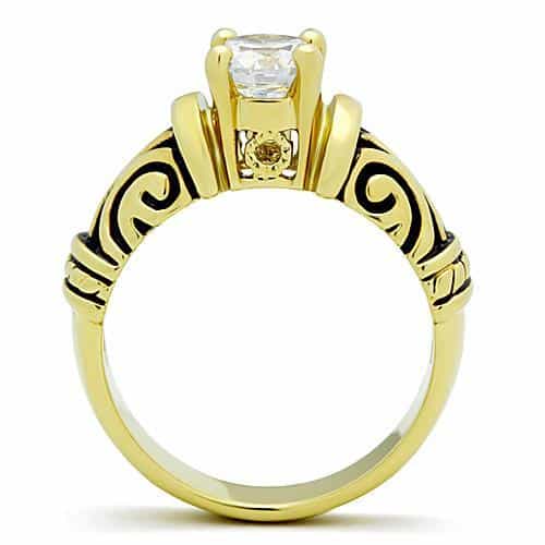 Stainless Steel Gold CZ Round Solitaire Scroll Ring view 7
