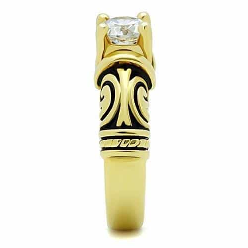 Stainless Steel Gold CZ Round Solitaire Scroll Ring view 4