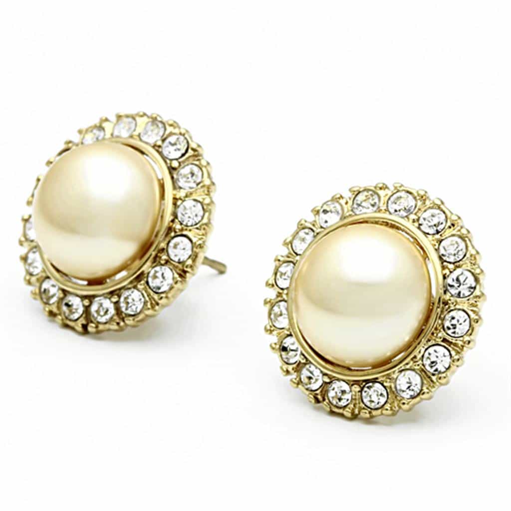 Stainless Steel Gold Pearl CZ Halo Stud Earrings view 3