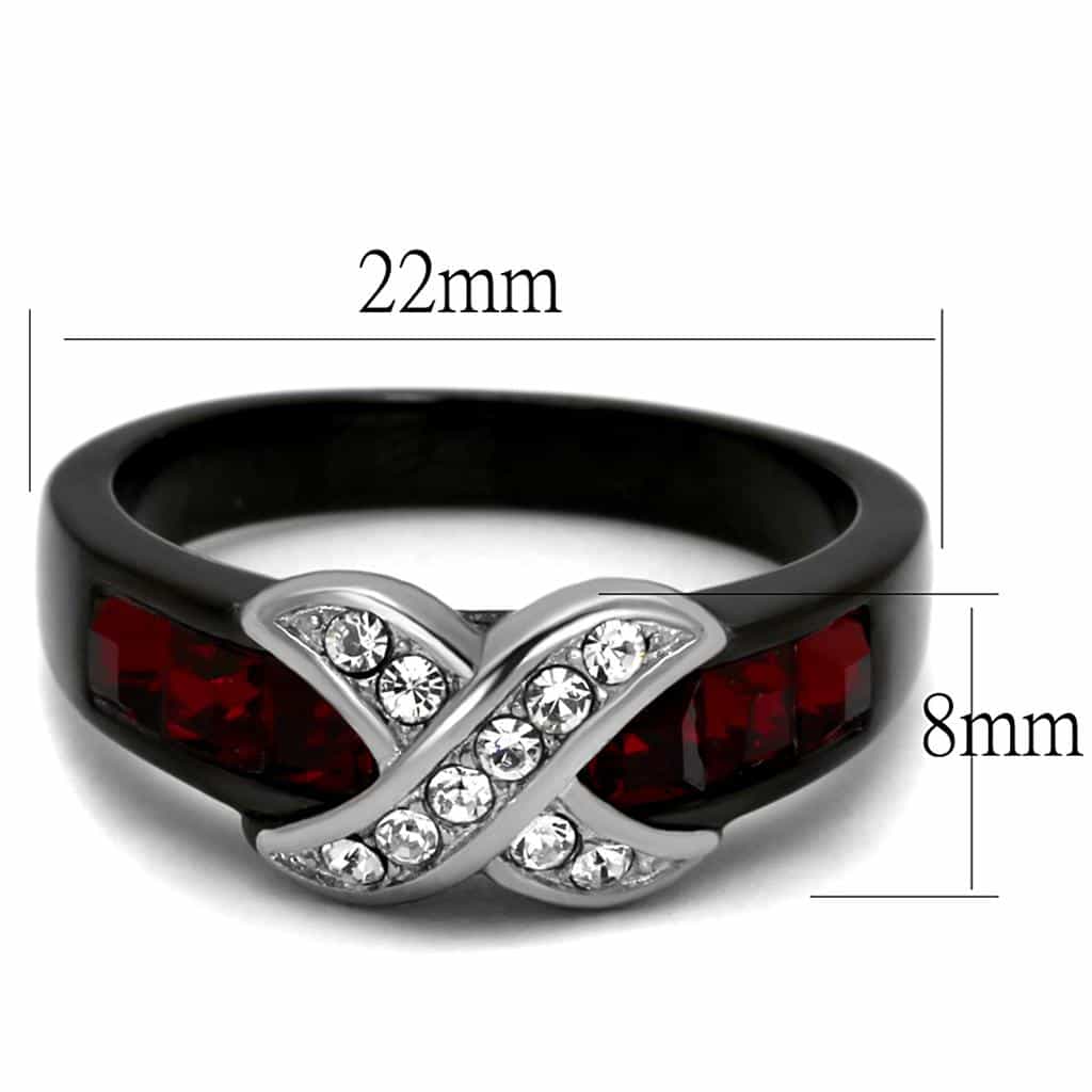 Stainless Steel Black IP Red Crystal CZ Crossover X Ring view 6