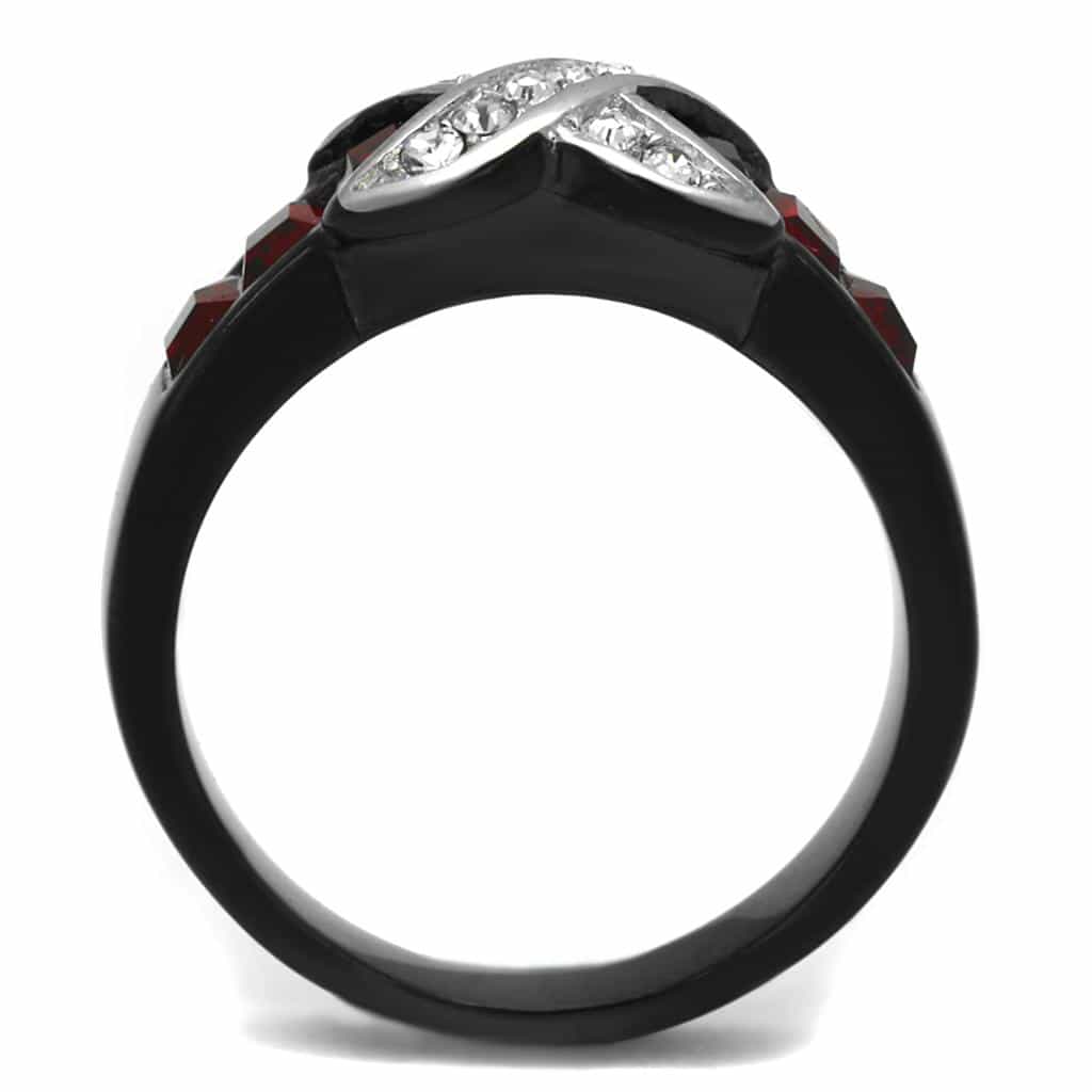 Stainless Steel Black IP Red Crystal CZ Crossover X Ring view 7