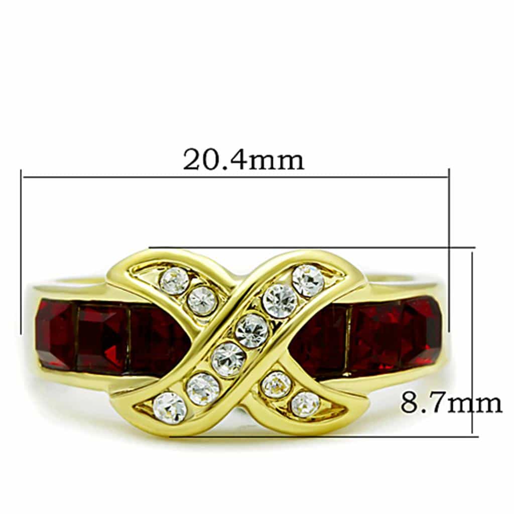 Stainless Steel Gold Red Crystal CZ Crossover X Ring view 6